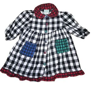 Vintage Kate Greenaway‎ 2T Gingham Patchwork Dress Colorful Buttons Pockets